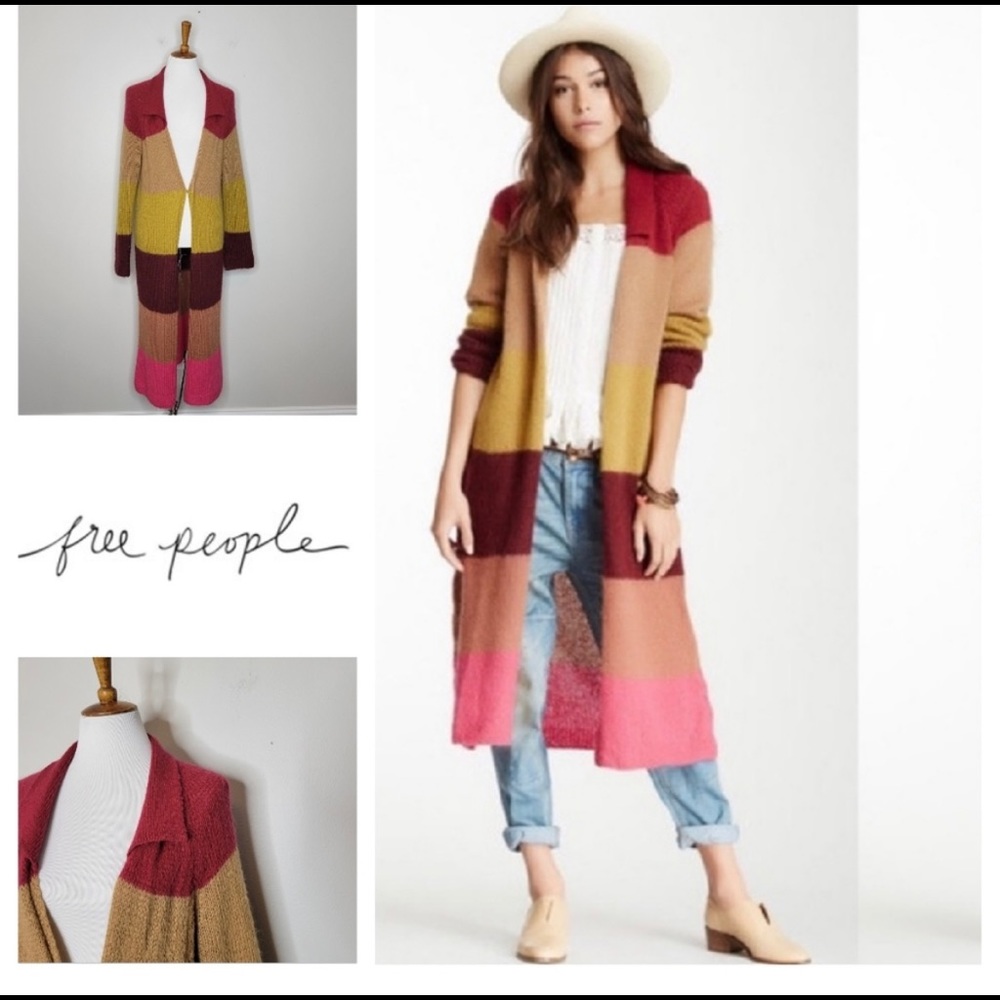 Free People Colorblock Long Cardigan - Burgundy, Mustard, Tan, Pink
